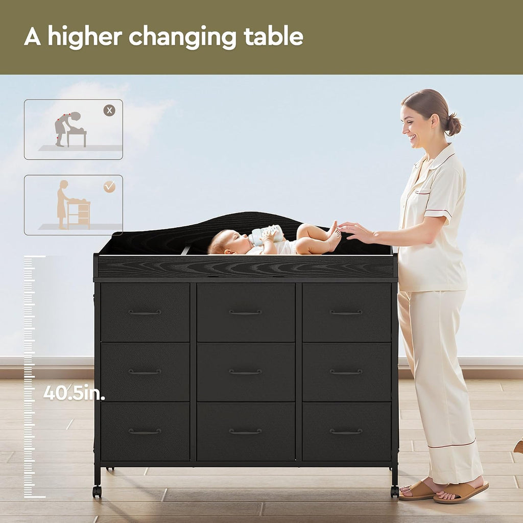 Baby Changing Table, 9 Fabric Boxes, Waterproof Pad, Mobile Nursery, Black | Baby Changing Table,Waterproof Diaper