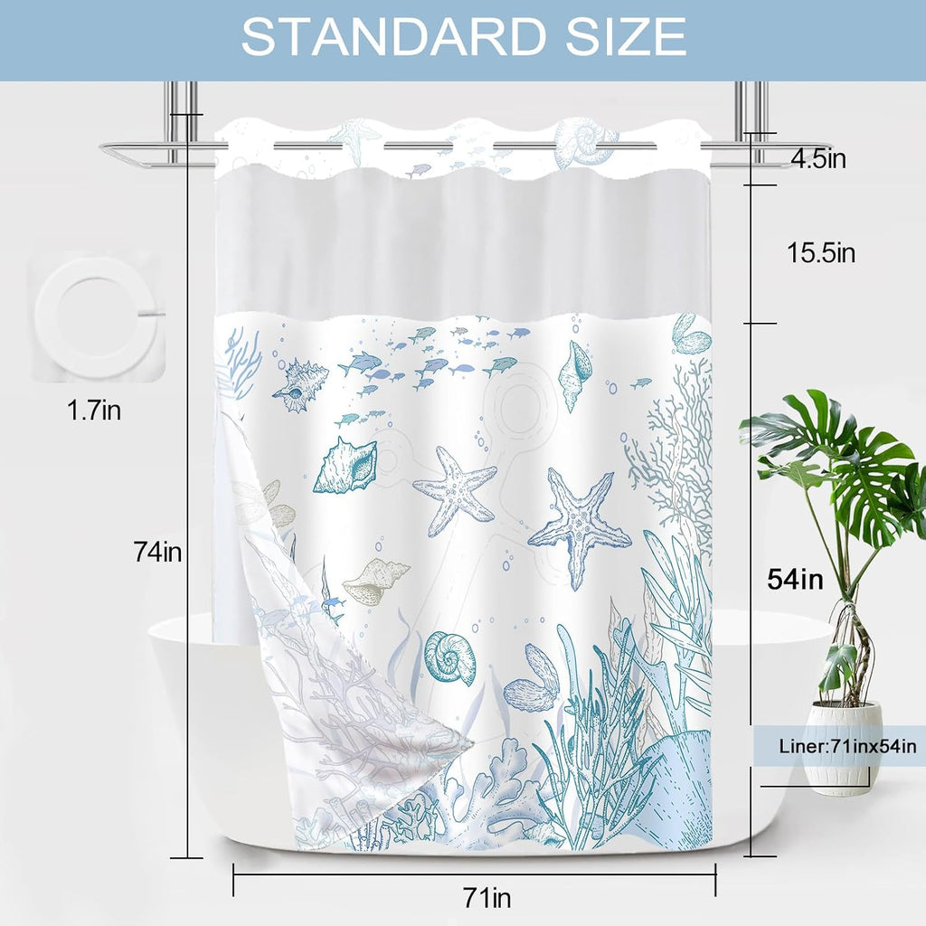 No Hook Shower Curtain and Liner Set , Blue Beach Coastal 71x74 | Nautical Ocean Design, with Snap in Liner