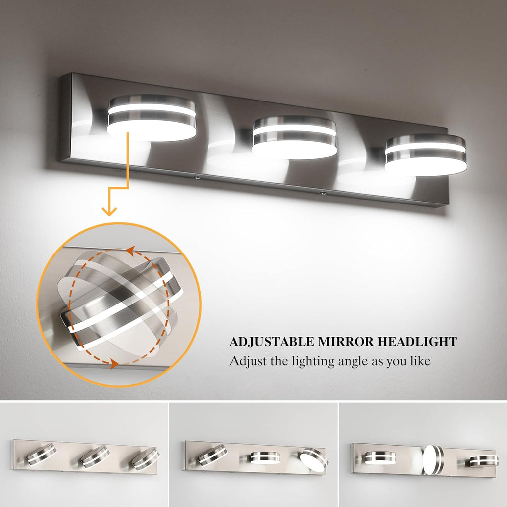 Brushed Nickel Bathroom Vanity Light, (24in Dimmable) 3-Light Bathroom Light Fixtures Over Mirror, LED 5500K Vanity