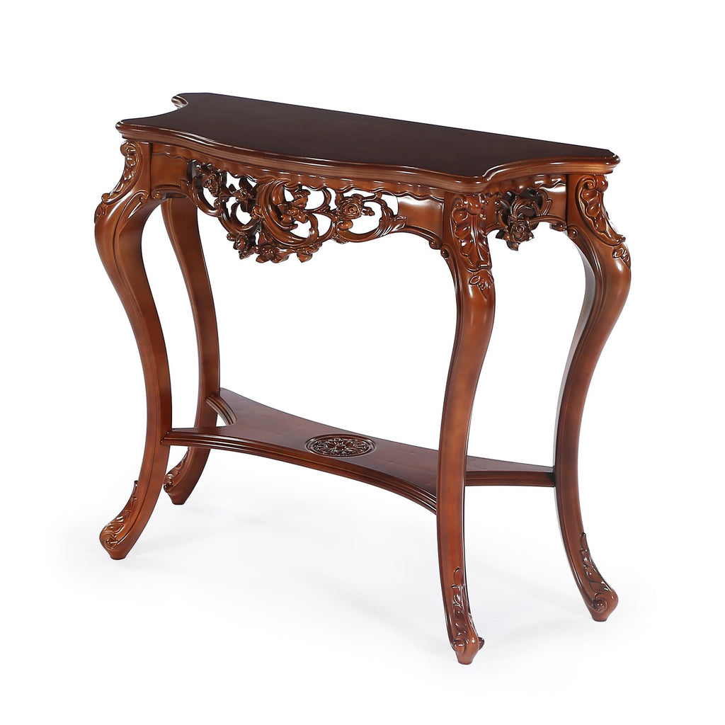 Antique Console Table, 38 Inch Victorian Half Moon Sofa Table with Hollow Floral Apron and Cabriole Legs, Vintage