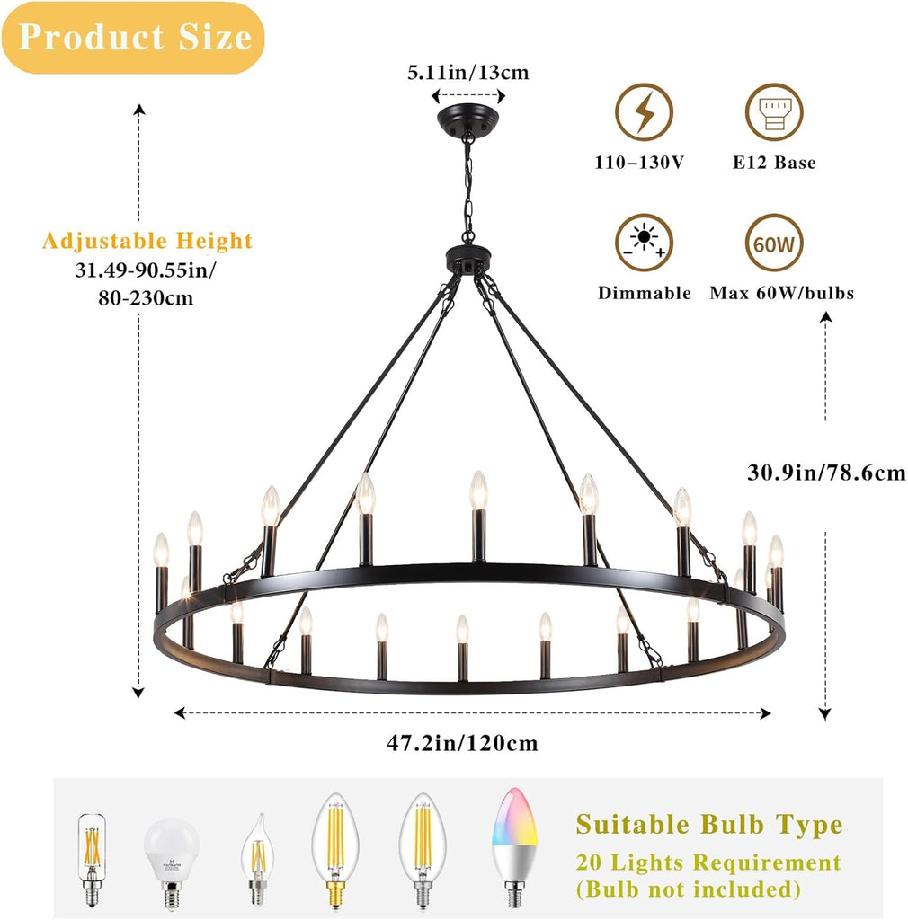 Inspired Camino Style Chandelier - 47.2 inches Black Wagon Wheel Chandelier- 20 Light Large Farmhouse Chandelier Industrial Rustic Dining Room Light Fixture Round High Ceiling Pendant Light for Living Room Entryway Foyer