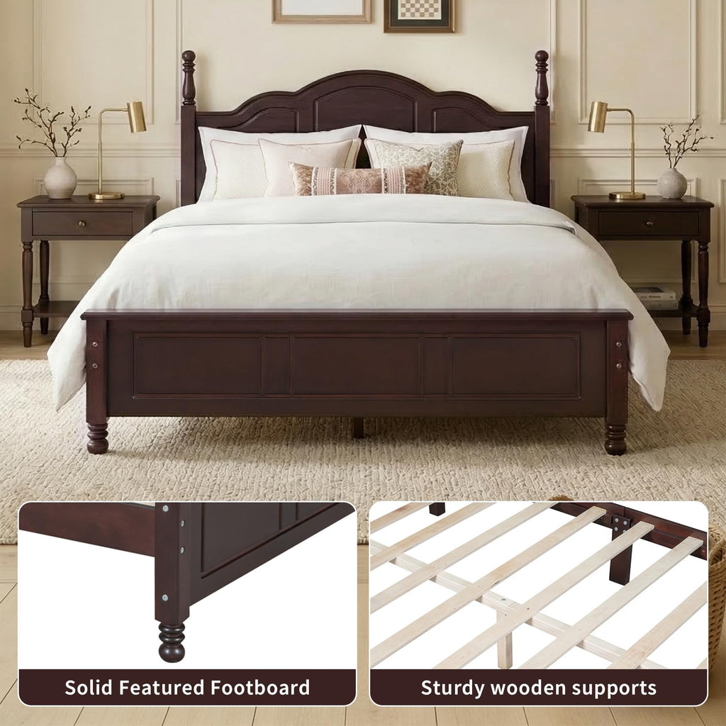 Dark Walnut Wood Bed Frame Full Size with Wave Shaped Headboard