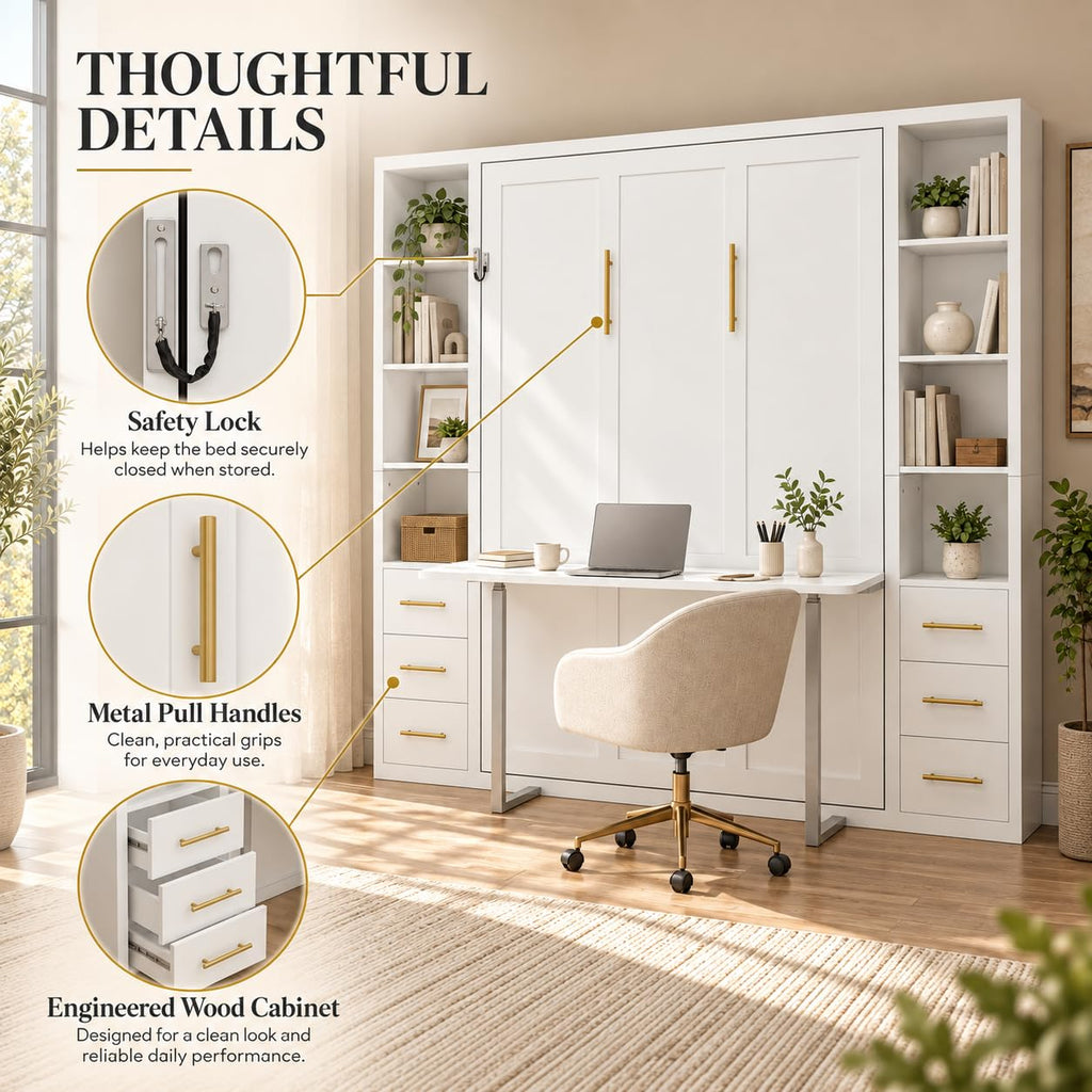 Murphy Bed with Desk Queen Foldable Wall Bed with Side Storage Cabinets