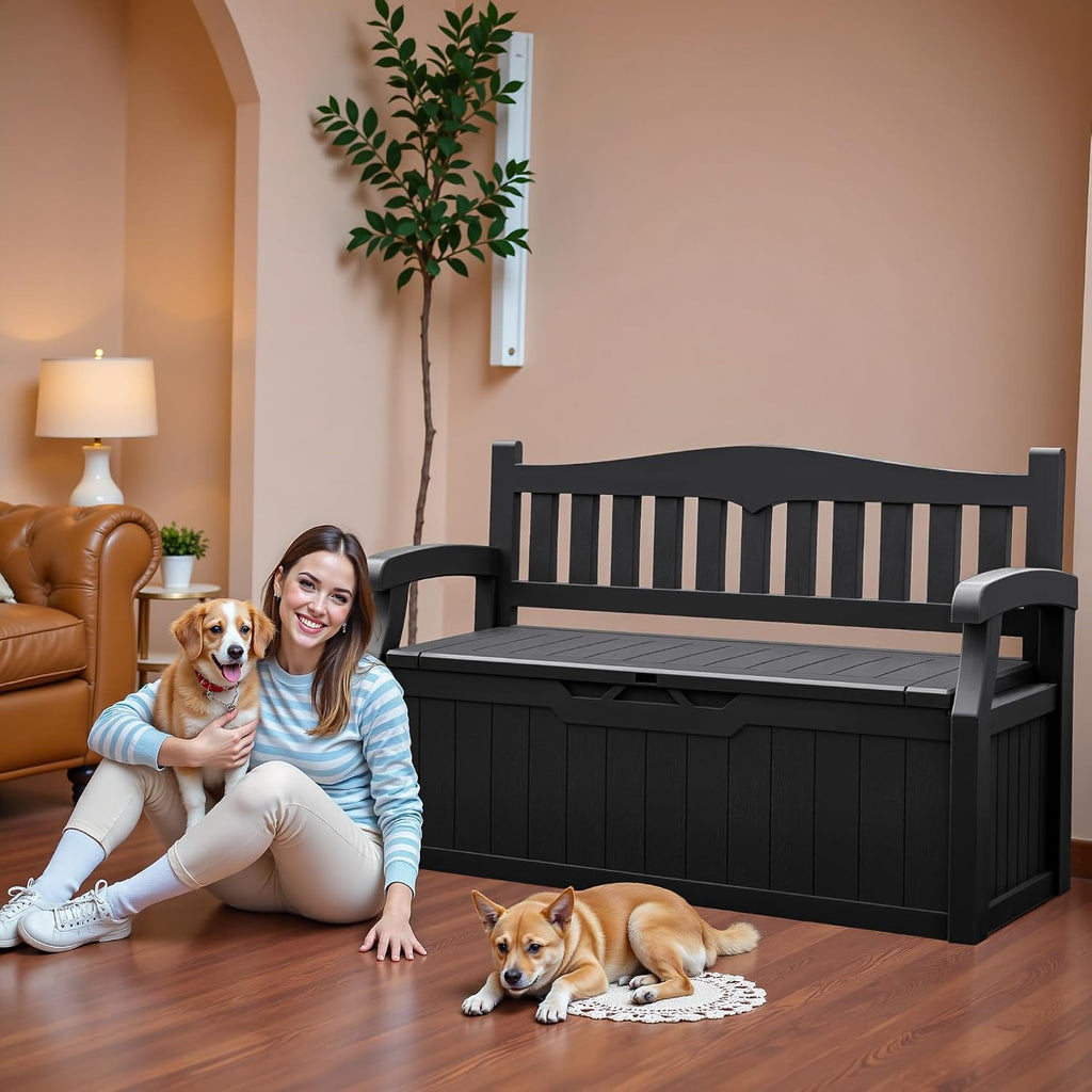 80 Gallon Resin Outdoor Storage Bench Waterproof | Large Deck Box with Armrest, Lockable&Waterproof for Garden, Home