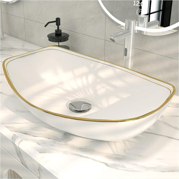 22 X 16 inch LUXURY GOLD rim Oval Vessel, Above Counter Bathroom Sink, Porcelain Ceramic Vessel Vanity Sink