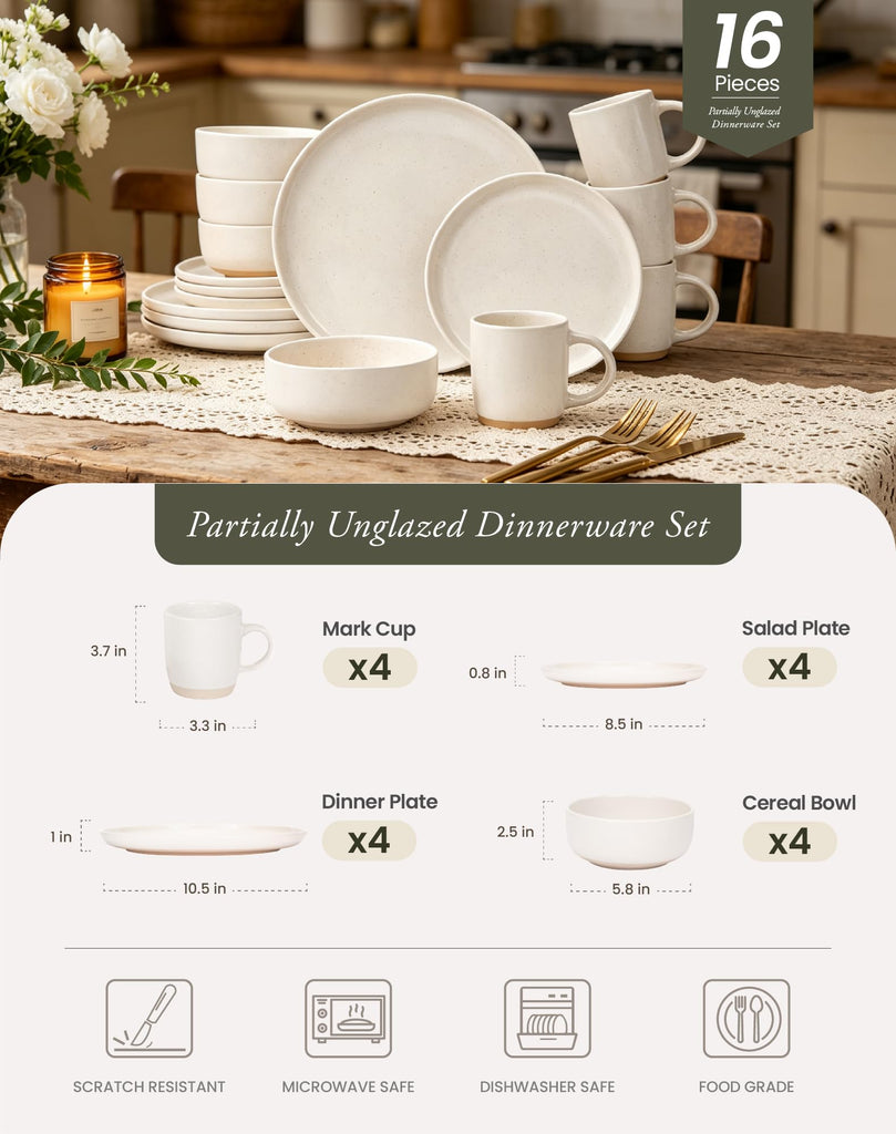 16-Piece Stoneware Dinnerware Set for 4 with Mugs, Plates and Bowls Sets with Partially Unglazed Base, Scratch