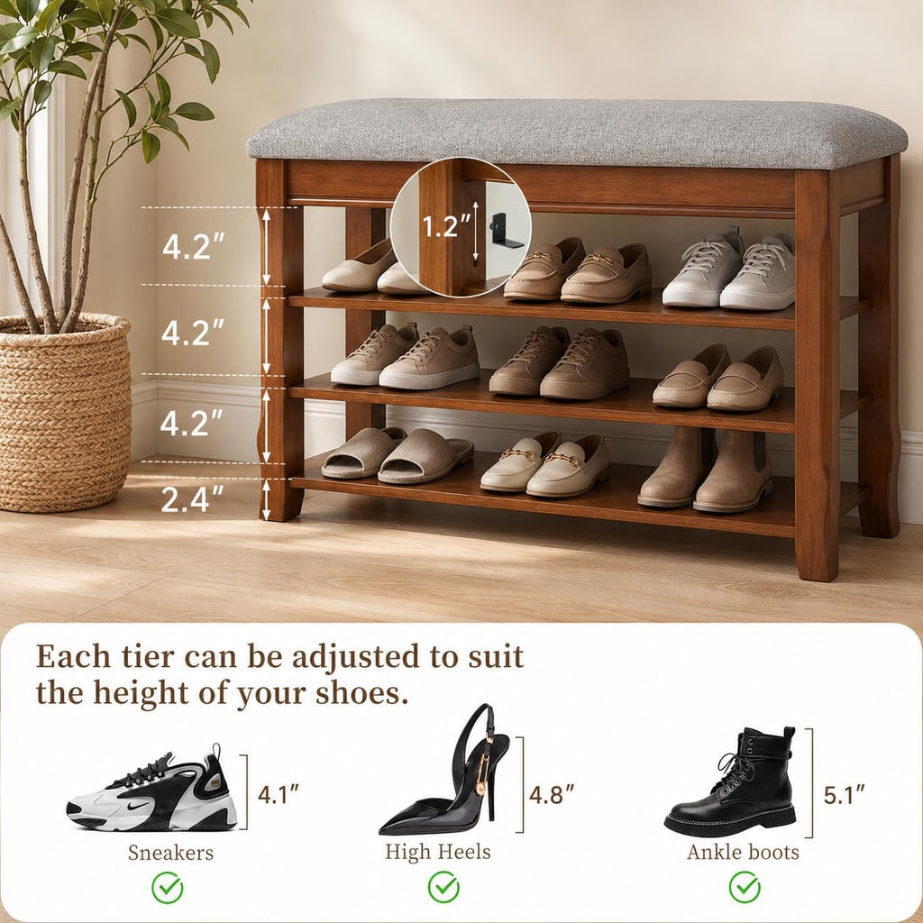 Solid Wood Shoe Rack Bench with Storage, Flip-Top Soft-Close Lid, 31.5" | 550 lbs Max Load, Adjustable Shelves