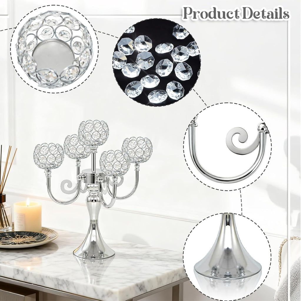 5 Arm Metal Crystal Candelabra Centerpiece - 13.4 Inch Elegant Candle Holder with Crystal Beadsation (2, Silver)