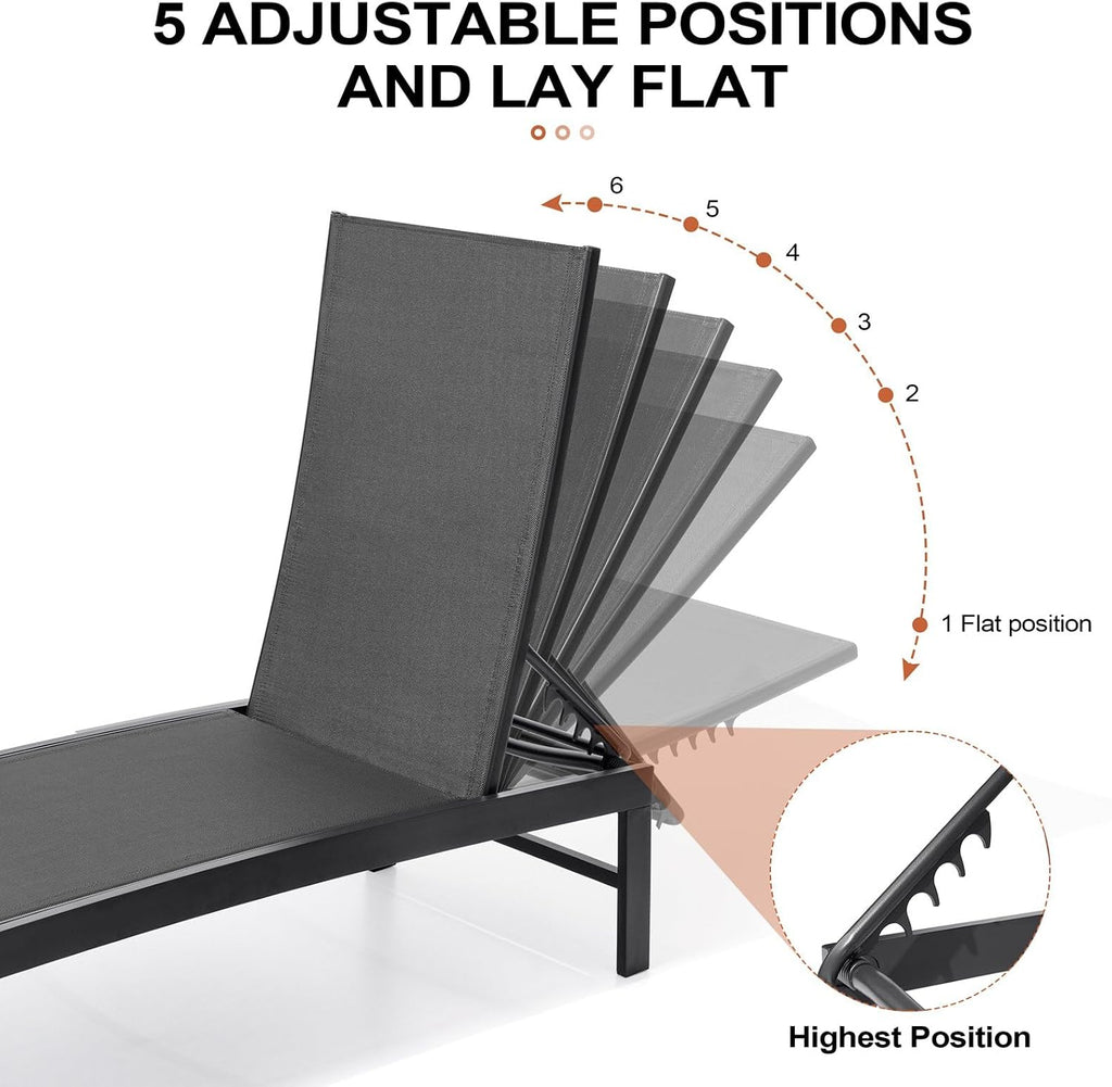 Chaise Lounge Chair Outdoor Set of 2, Adjustable 5 Positions Pool Lounge Chairs, Metal Tanning Recliner, Outdoor