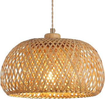 Bamboo Pendant Light Fixture One-Light Adjustable Boho Basket Handmade Woven Pendant Lighting for Kitchen Island Sink