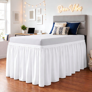 Dorm Bed Skirt Twin XL 30 Inch Drop Length - White, Ruffled Pattern College Dorm Room Dust Ruffle - Split Corner