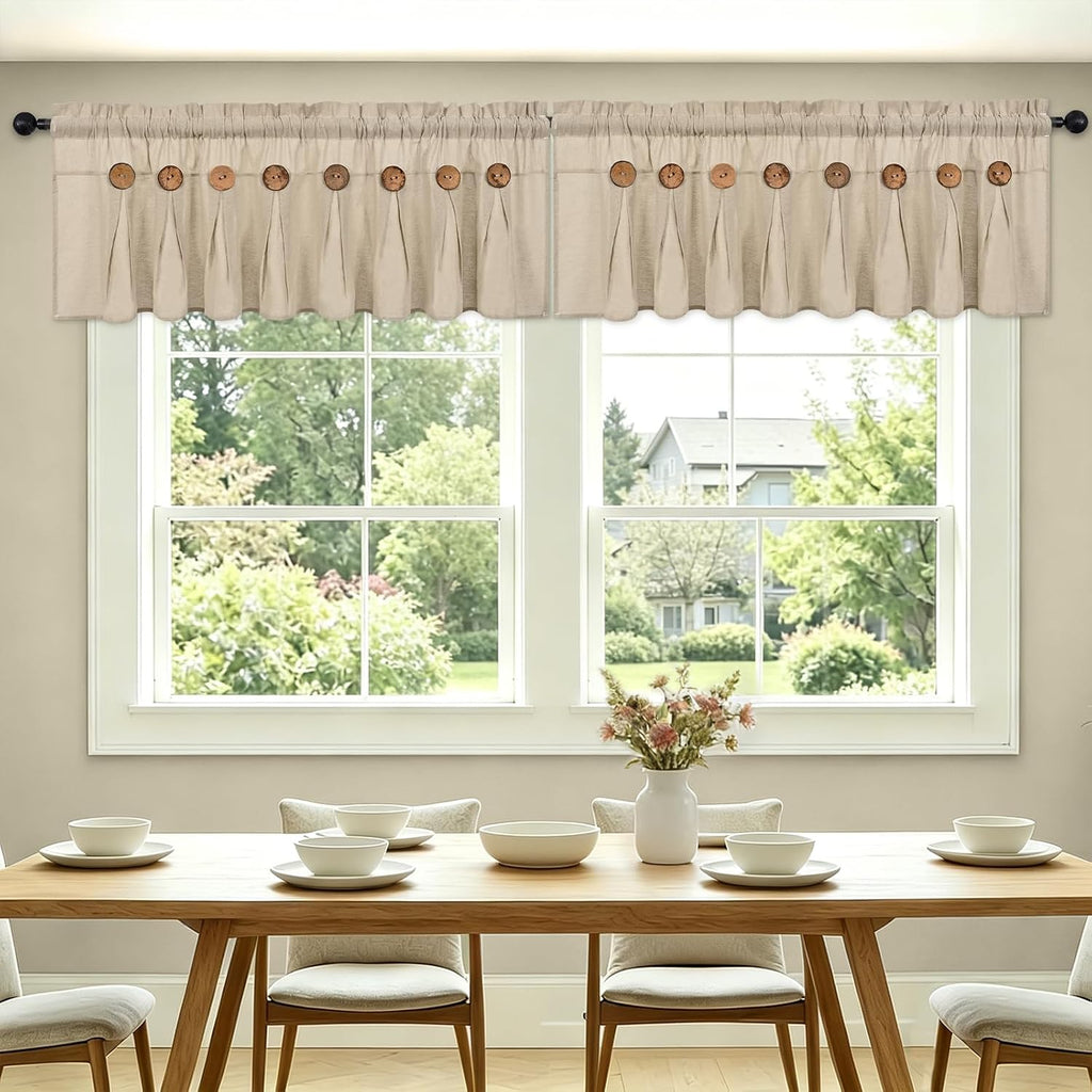 Farmhouse Valance Curtain, Cotton Linen Kitchen Curtains, Rustic Valances for Window Rod Pocket Button Valance for