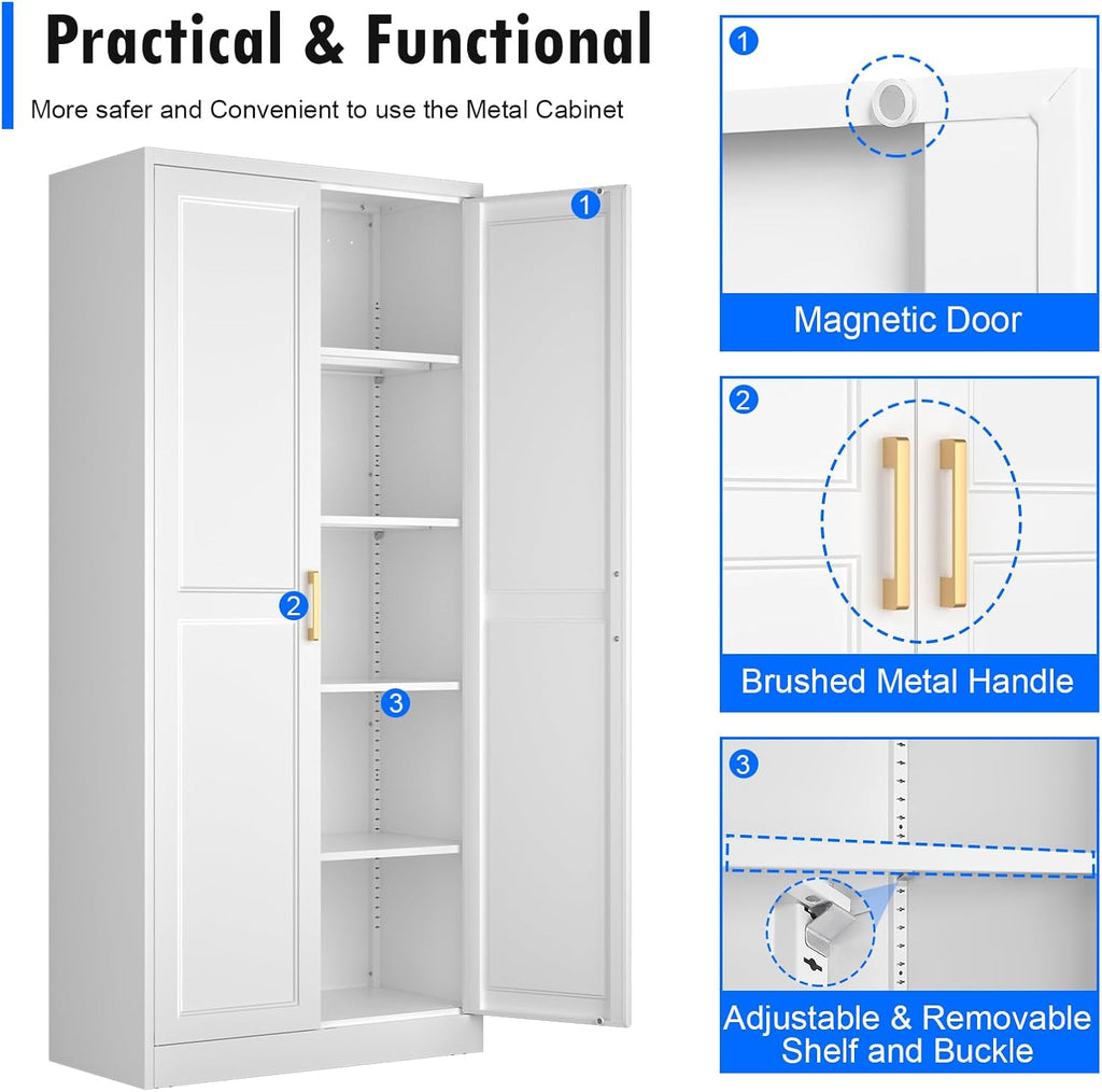 71" White Metal Kitchen Pantry Storage Cabinet with Doors and Shelves | Tall Freestanding Cupboard, 5-Tier Heavy