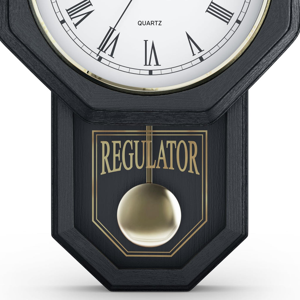 Pendulum Wall Clock, Real Wood Regulator Clock, Black, Quiet Non-Chiming