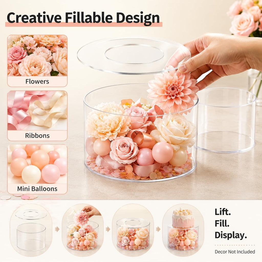 Acrylic Cake Stand, Clear Cake Stand Fillable Round Riser, 6 and 8 Inch Display Pedestals for Wedding - Set of 2