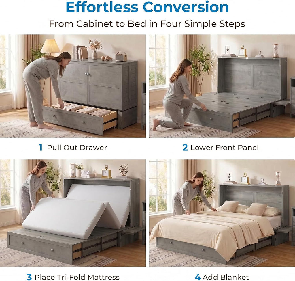 Queen Murphy Bed Cabinet with Tri-fold Mattress, Cabinet Bed with Built-in Charging Station, Storage Drawer, Solid