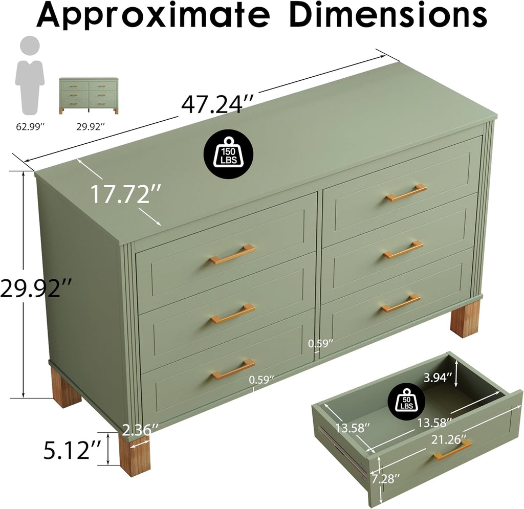 Modern 6 Drawers Double Dresser with Metal Handles for Bed Room, Sage Green | Dresser Chest of Drawers with Solid