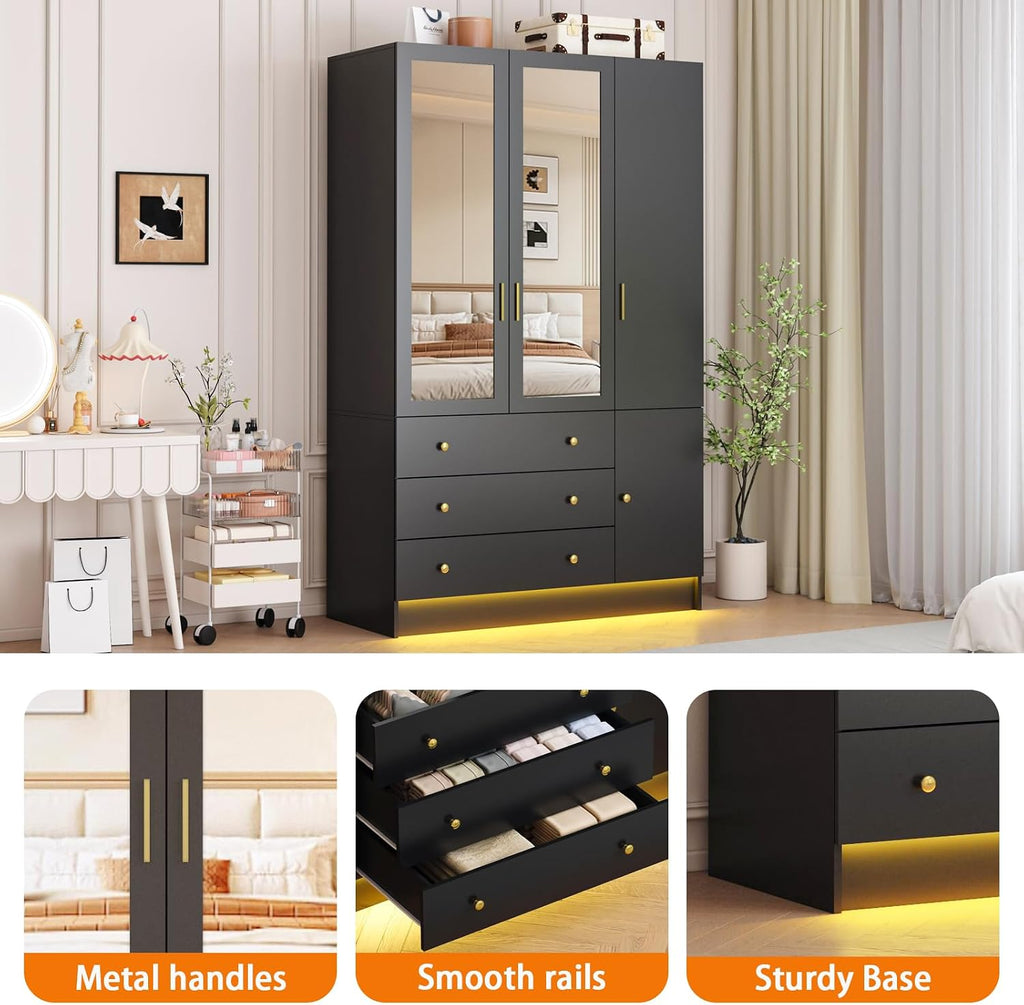 75" Tall Wardrobe Closet with 3 Doors & 3 Drawers, Modern Armoire with Mirror & LED Lights, Wooden Armoire Wardrobe