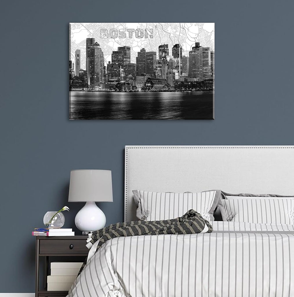 Boston Skyline Canvas Wall Art, 24"x36" Black and White Cityscape with Map Background, Modern Boston City Night View