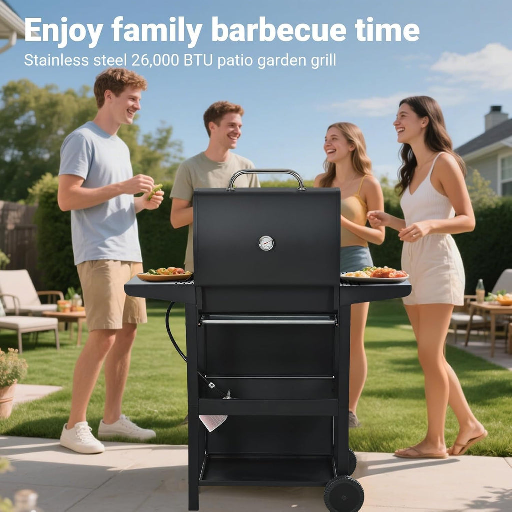 3-Burner Propane Gas Grill, 26,000 BTU Stainless Steel BBQ Grill with Porcelain-Enameled Cooking Grates, Built-In Thermometer, Side Shelf & Wheels for Patio and Backyard