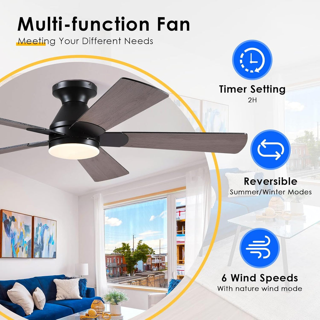Flush Mount Ceiling Fan with Lights - 52” Indoor/Outdoor Ceiling Fan Light with Remote/APP, Low Profile Modern Fan Light with 6 Speeds, Dimming, for Living Room, Brown