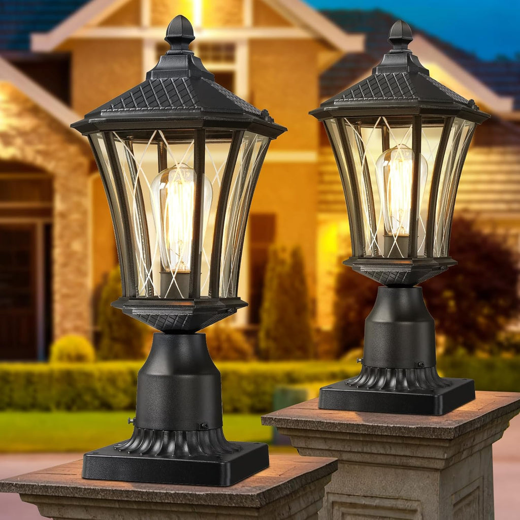 Outdoor Post Lights 2 Pack, 16" Lamp Post Light Fixture, Black Pole Lights Outdoor