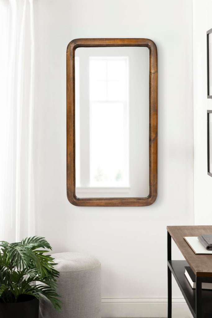 Pao Modern Rounded Rectangular Wall Mirror, 17 x 32, Walnut, Decorative Mid-Century Tall Wood Mirror with Radius