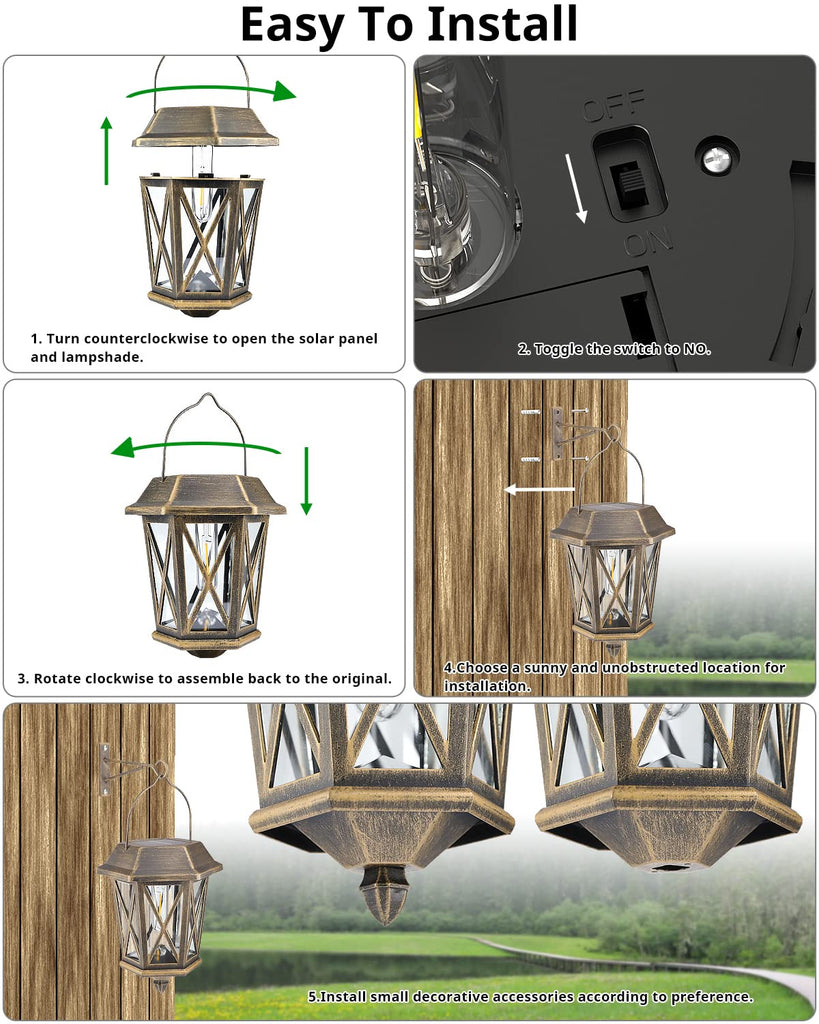 Solar Lantern Outdoor Waterproof, Metal Solar Lights Outdoor with Clear Glass, LED Solar Powered Lights Wall Mount