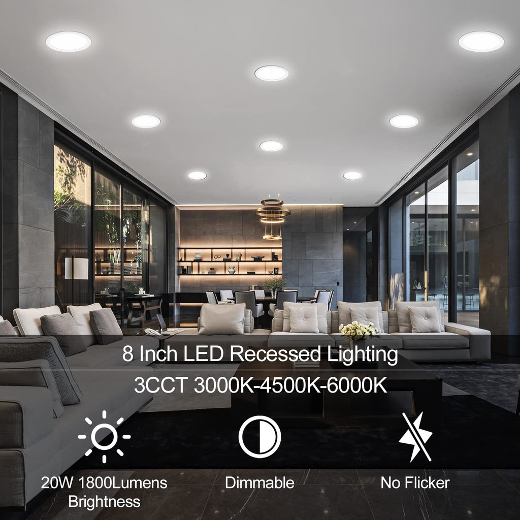 6 Pack 8 Inch LED Recessed Lighting with Junction Box Ultra-Thin, 3000K/4500K/6000K Selectable, 8" Dimmable Canless