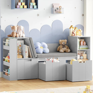 61.5" Kids Reading Nook with 3-Layer Bookshelf, Reading Nook for Kids with Double Bench and Rolling Drawers