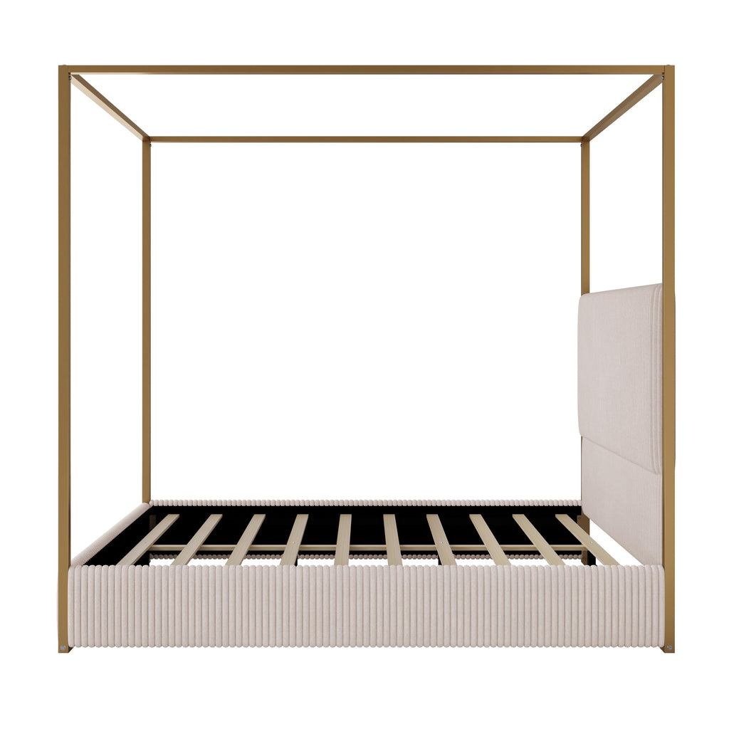 Luxury Queen Metal Canopy Bed with Tall Upholstered Headboard, Beige