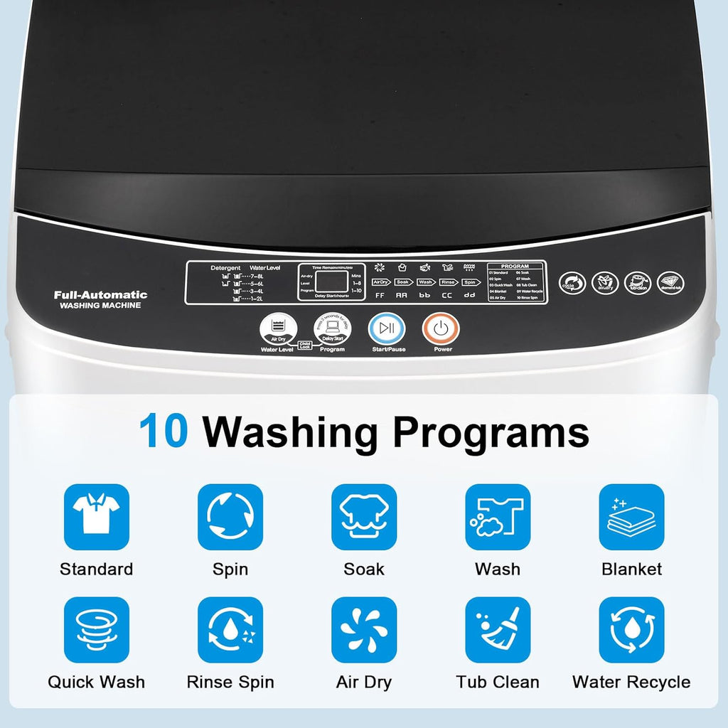 16 lbs Portable Washing Machine, Full-Automatic Laundry Machine with Stainless Steel Drum, 10 Wash Cycles, Compact