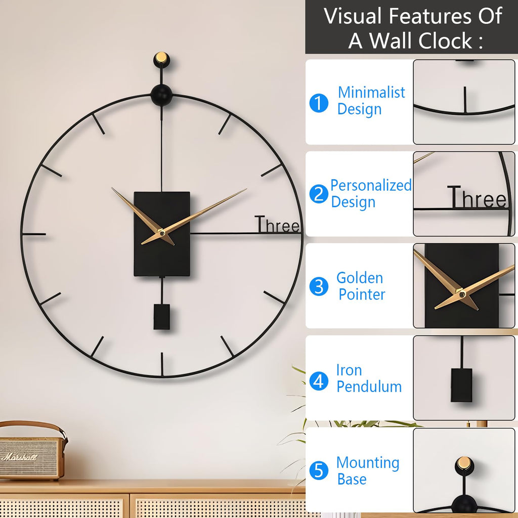 Large Wall Clock Living Room Decor 23"Modern Wall Clock with Swing Pendulum
