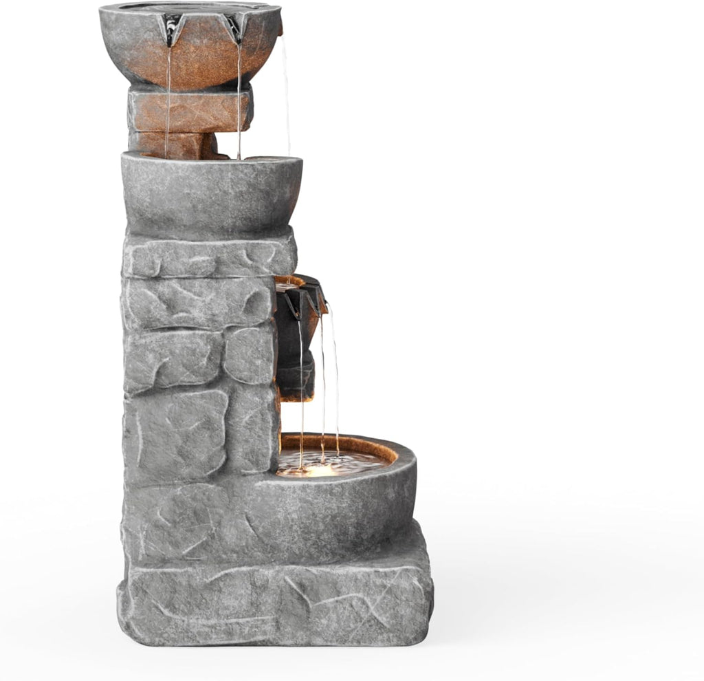 33" Outdoor Water Fountain with LED Lights, 3-Tier Cascading Bowls, Weather-Resistant Resin Garden Water Feature