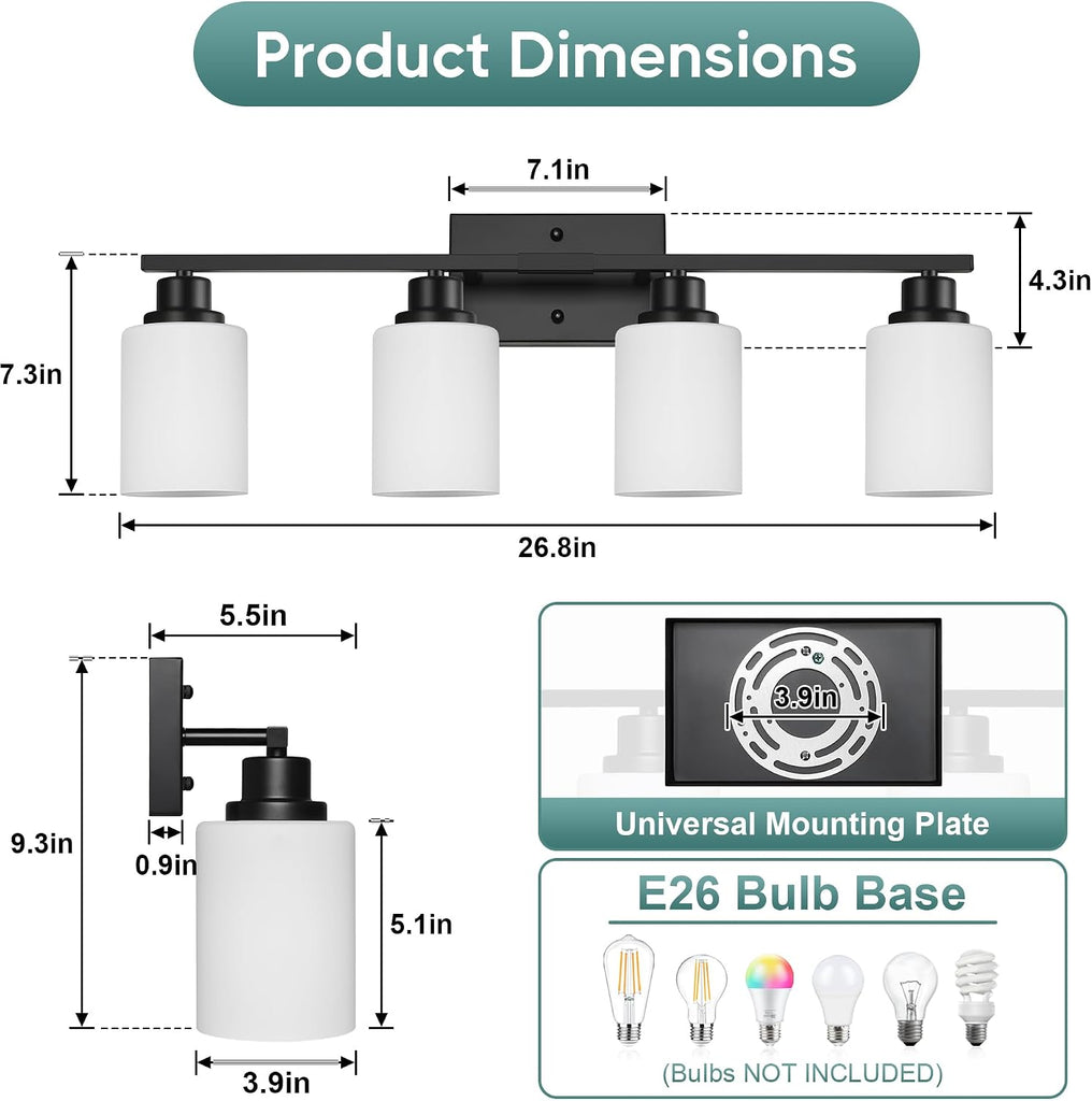 Bathroom Light Fixtures, 4-Light Vanity Light Over Mirror, Matte Black Wall Sconces with Milky White Frosted Glass