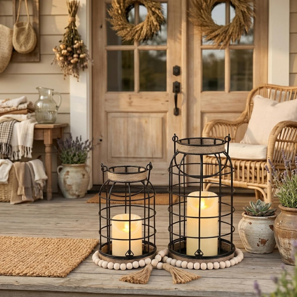 Rustic Farmhouse Candle Lantern, 2Pcs Decorative Lantern Decor with Candles