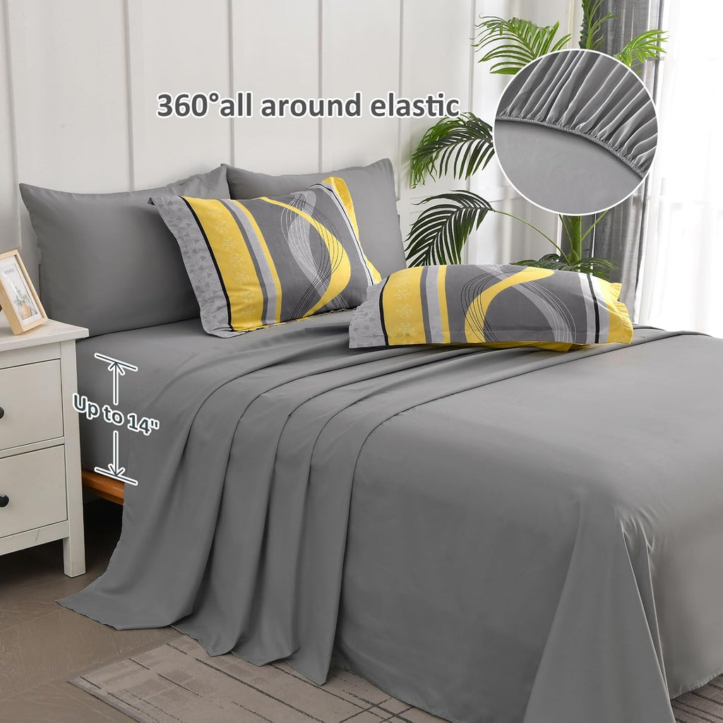 Yellow Comforter Set, 8 Pieces Bed in a Bag Patchwork Striped Bedding Sets, Boho Soft Microfiber Bedding
