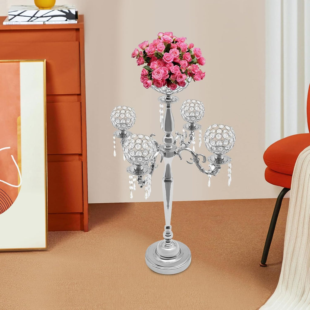 Elegant 35inch 5-Arm Crystal Candelabra with Flower Vase and Hanging Crystal Drops, Iron Taper Candle Holder Stand