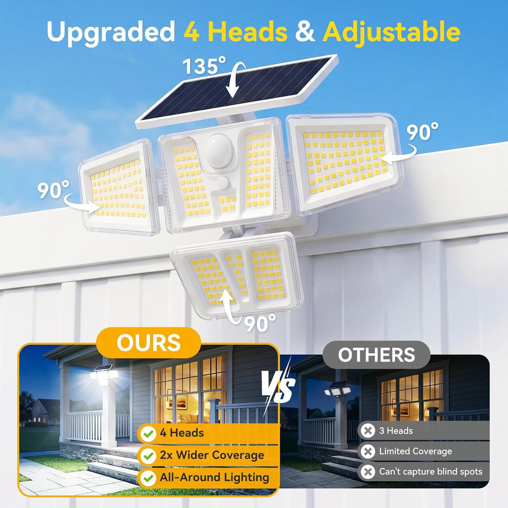 Solar Lights Outdoor White,3600LM Motion Sensor Outdoor Lights | 4 Heads 270° Solar Flood Lights Outdoor, Remote & 3
