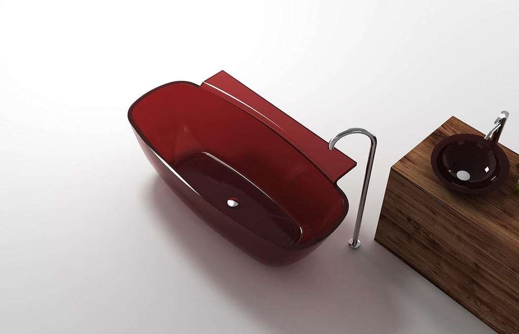 Vida 62 in Man Made Stone Round Flat Bottom Freestanding Bathtub in Translucent Deep Red, Luxury Colorful Soaking