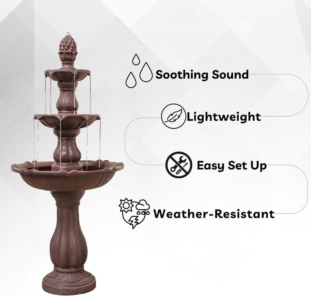51" 3-Tier Outdoor Waterfall Fountain, Weather-Resistant Resin Freestanding Water Feature with Pump, Brown