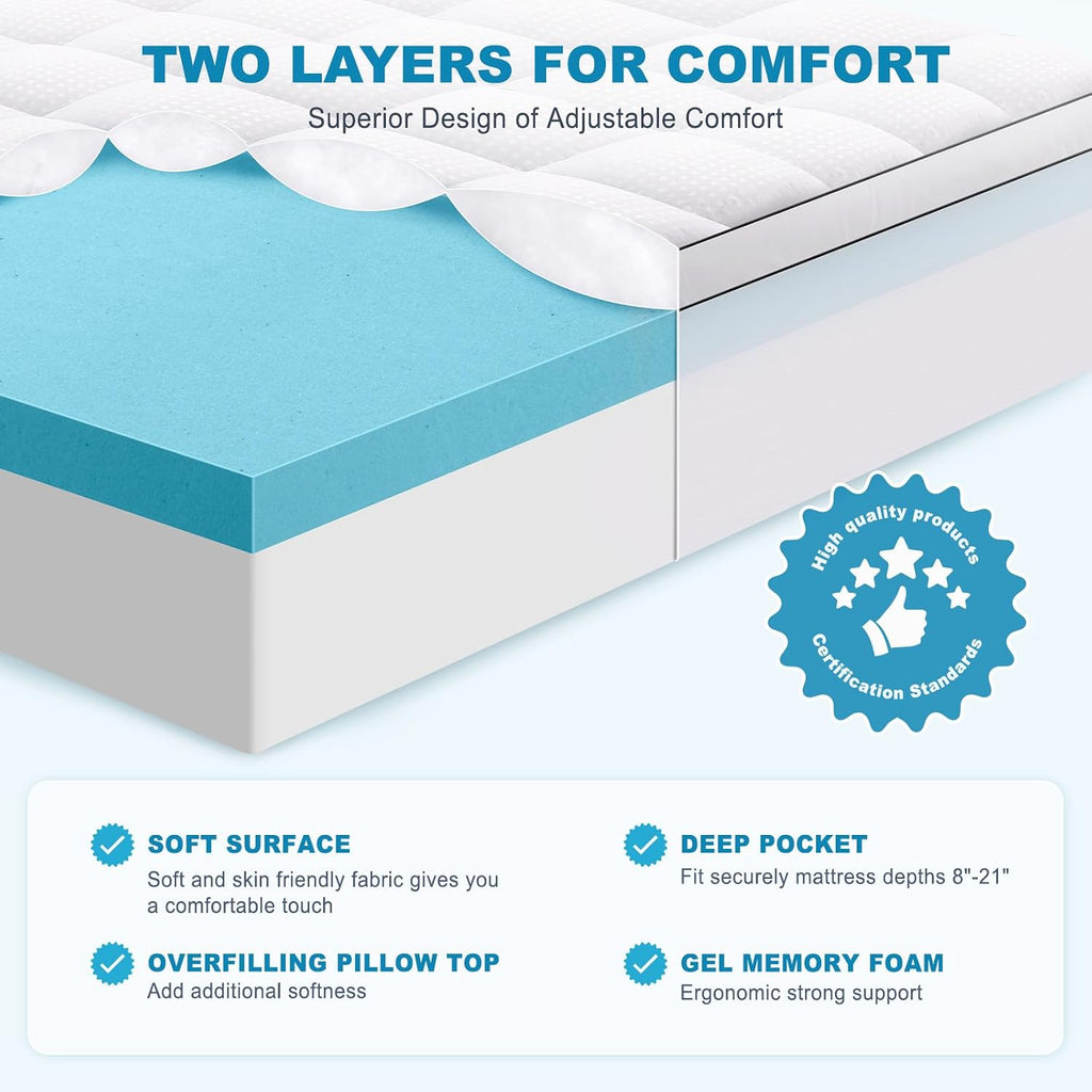 Queen Size Dual Layer 4 Inch Memory Foam Mattress Topper, 2 Inch Cooling Gel Memory Foam and 2 Inch Pillow Top