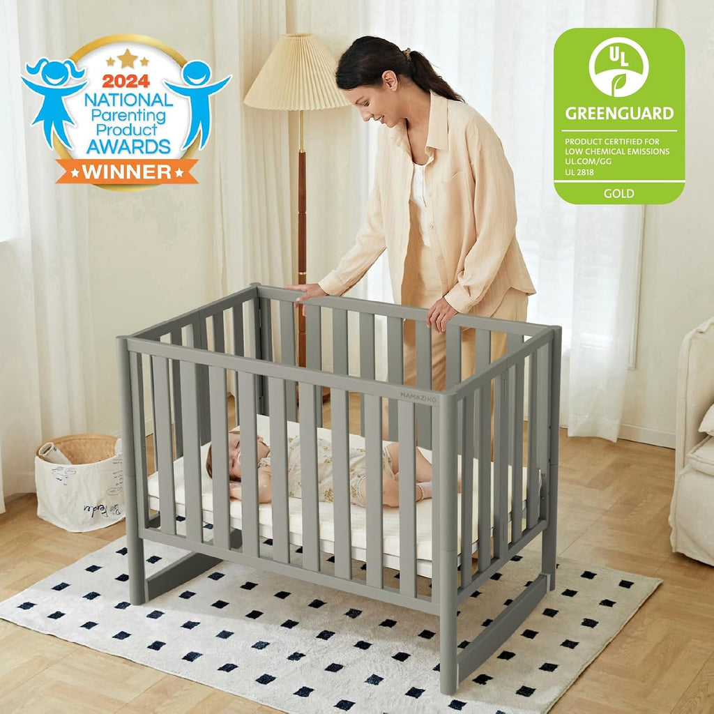 7-in-1 Convertible Baby Mini Crib with Wheels | GREENGUARD Gold Certified, New Zealand Pine Wood, 4