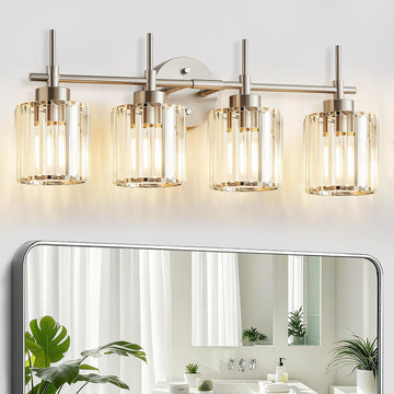 Crystal Bathroom Vanity Lights, 4 Light Bath Mirror Light Brushed Nickel Round Crystal Wall Mount Light Fixture Over