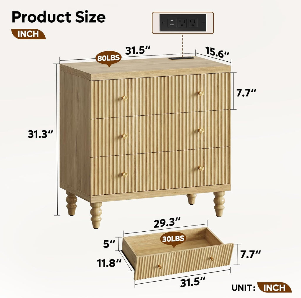 Buffet Cabinet with Storage, 31" Tall Fluted Accent Sideboard Cabinet with 3 Drawers, Mid-Century Modern Accent