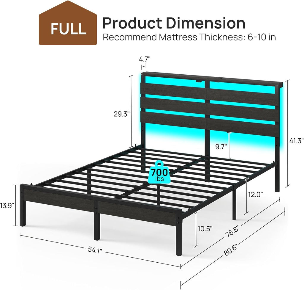 Full Bed Frame with USB Charging Station, LED Bed Frame with Wood Storage Headboard