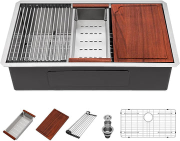30 Undermount Workstation Kitchen Sink | Heavy-Duty 30x19x10 Stainless Steel 16 Gauge Single Bowl Workstation, Deep