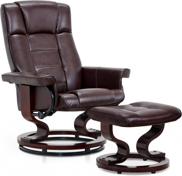 Modern Reclining Swivel Lounge Chair and Ottoman — Brown Faux Leather