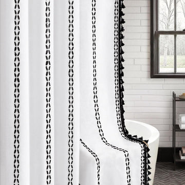 Black and White Boho Shower Curtain, 72" W X 72" L | Farmhouse Linen Striped Fabric with Tassels