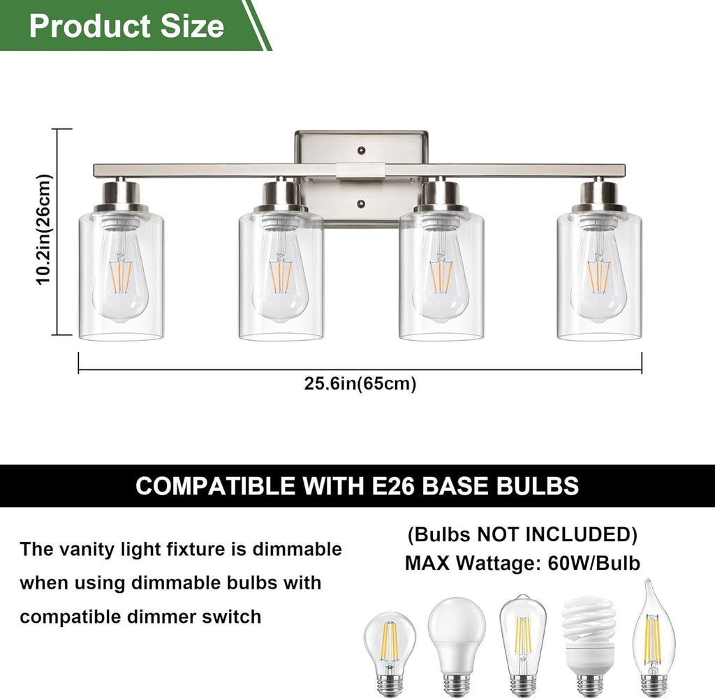 Bathroom Light Fixtures, 4-Light Vanity Lights with Clear Glass Shade, Modern Brushed Nickel Wall Light for Mirror